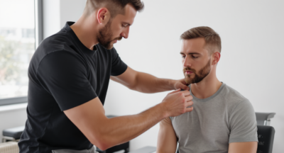 MAT specialist performing a hands-on shoulder muscle assessment on a seated client during a private rehab session
